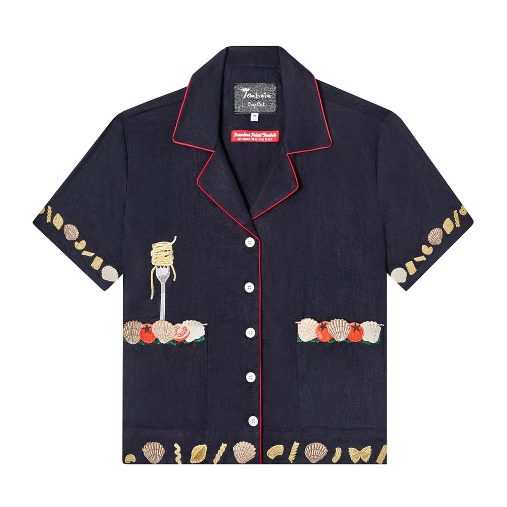 Tombolo - 'Vongole!' Cabana Shirt Crop Cut Navy 100% Linen - NWOT {S}